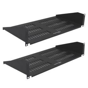 Wavenet – 19" Wide 2U Rack Mount Vented Shelf, Weight Capacity 50lbs, 10" Deep Tray, Steel, Black – Pack of 2