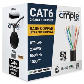 Cat 6 Riser Ethernet Cable Black | UL, CMR, 23AWG | Bare Copper 1000ft
