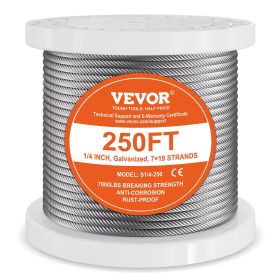 VEVOR Carbon Steel Cable 1/4" 7x19 Strands Steel Wire Rope 250 ft Cable Railing