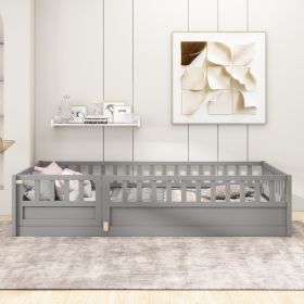 Twin Size Floor bed, integral construction with super high security barrier, door, children's floor bed frame, Montessori wooden children's floor (Color: as Pic)