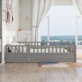 Full size Floor bed, integral construction with super high security barrier, door, children's floor bed frame, Montessori wooden children's floor (Color: as Pic)